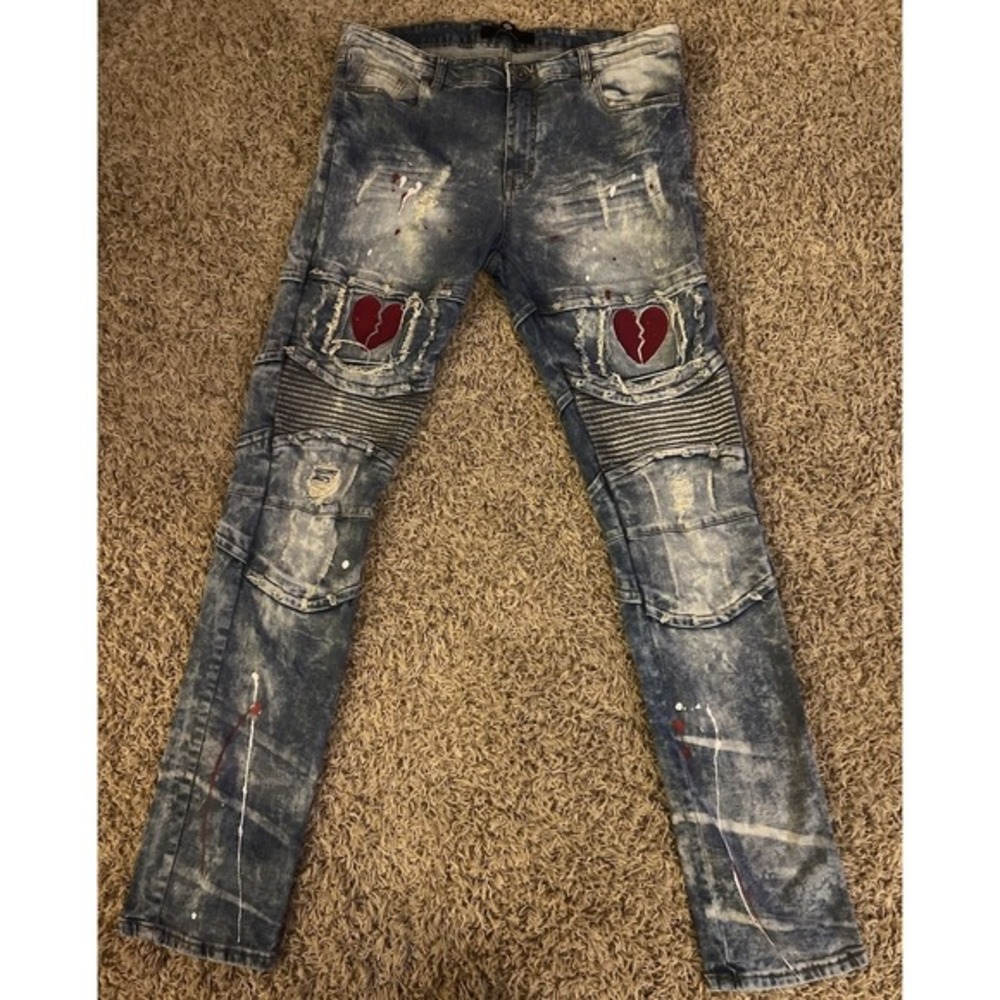 Focus Men's Heartbreaker‎ Vintage Distressed Embroidered Jeans Size 38 X34